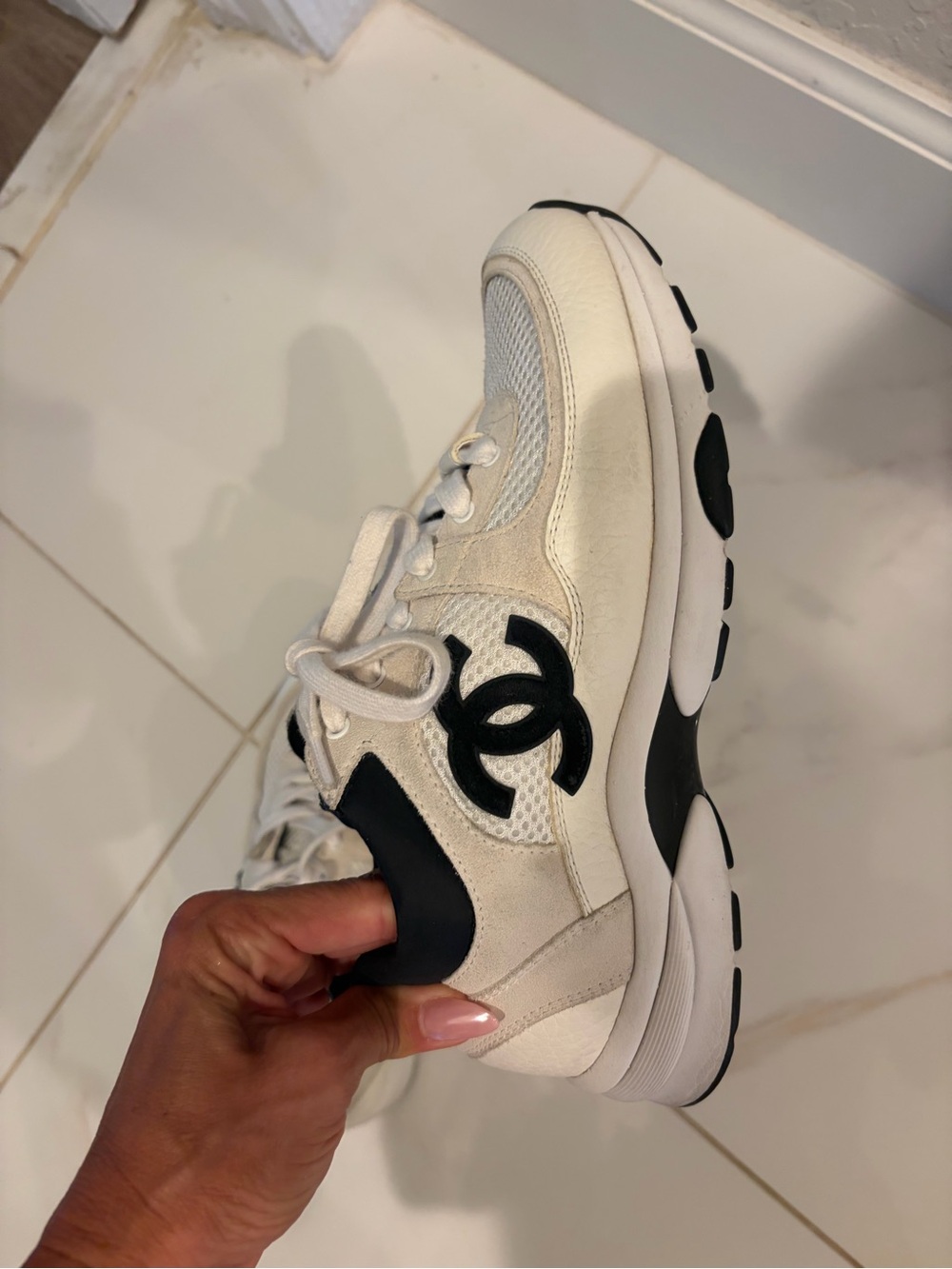 CHANEL Cream & Black Logo Chunky Sneakers - Picture 6 of 9